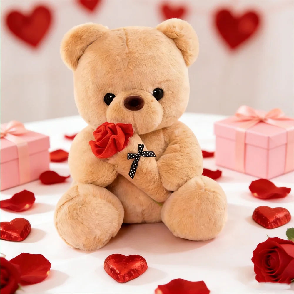 Petit Ours Câlin à la Rose - Peluche Douce Cadeau Tendresse